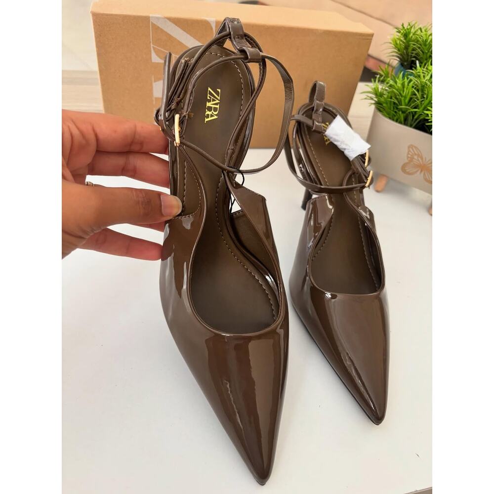 Zara Khaki Patent Slingback Stiletto Heels Pointed Toe NWT - Picture 12 of 16